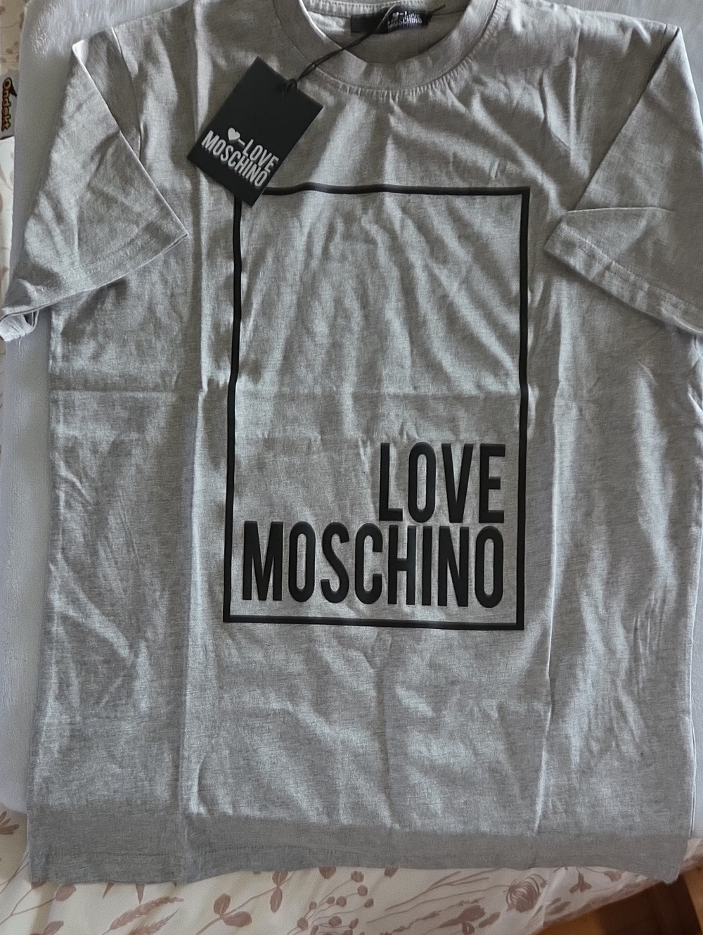BRAND NEW WITH TAGS Love Moschino Grey Logo Tee, FABRIC LETTERS *fits Small-Med*